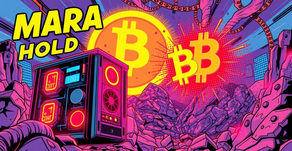 复古漫画风格的比特币矿业公司MARA Holdings特色图片，展示未来感矿机和闪亮的比特币符号