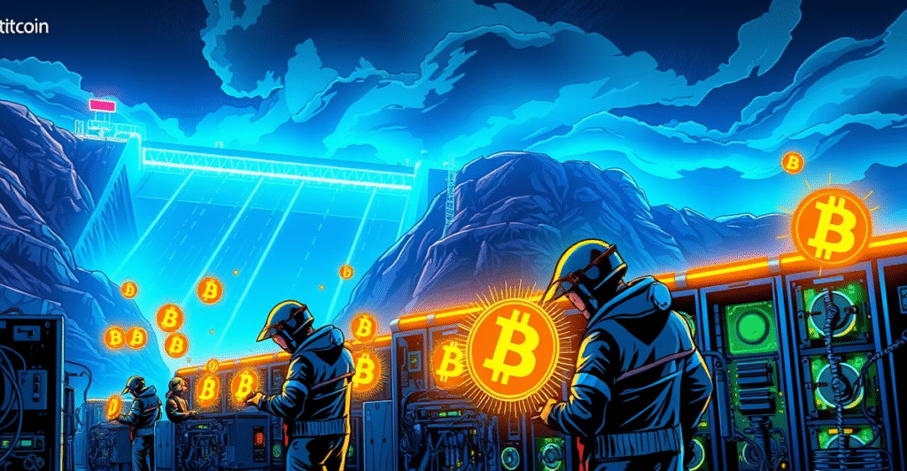 埃塞俄比亚复兴大坝背景下的比特币挖矿场景，矿工们使用高科技设备进行挖矿，周围漂浮着比特币符号