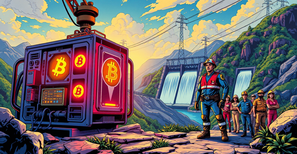 复古漫画风格的比特币挖矿场景,展示在拉丁美洲的水电背景下,象征Hive Digital Technologies的增长策略。