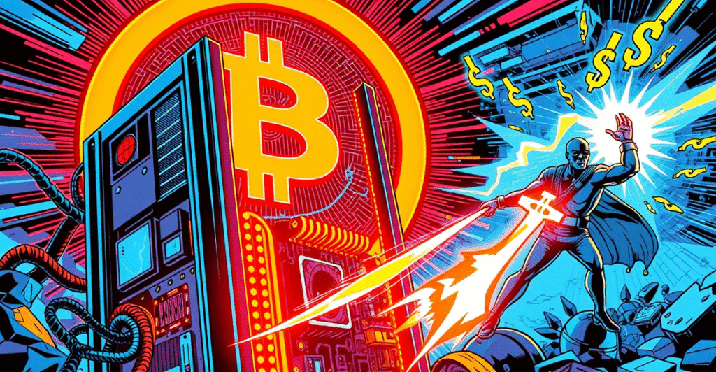 复古漫画风格插图展示比特币矿企Riot Platforms在数字战场中对抗成本上升