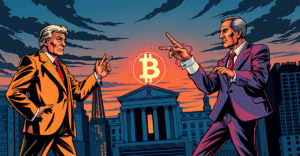 纽约市审计长与市长在比特币市政债券提案上的对峙，背景是纽约市天际线和比特币符号