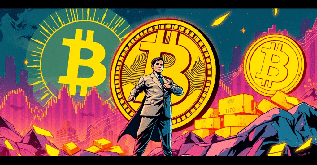 台湾立法委员站在巨大的比特币符号前，背景是全球经济图表和黄金储备，象征比特币作为国家储备的潜力