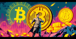 台湾立法委员站在巨大的比特币符号前，背景是全球经济图表和黄金储备，象征比特币作为国家储备的潜力