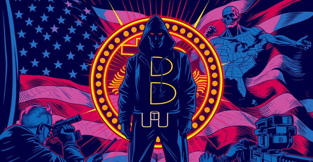 中央情报局特工站在发光的比特币标志前,背景是美国国旗和全球地图,象征比特币与国家安全的关联