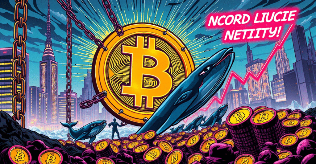 复古漫画风格插画展示被链条环绕的巨大比特币符号,象征非流动性供应创历史新高,背景为未来城市和上涨趋势图。