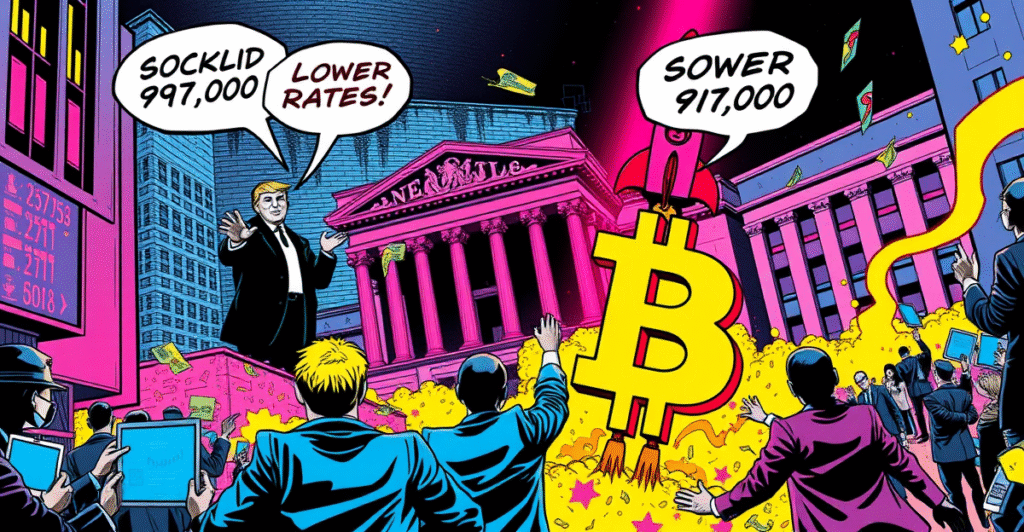 复古漫画风格封面展示比特币符号在华尔街背景下飙升,突破97,000美元大关