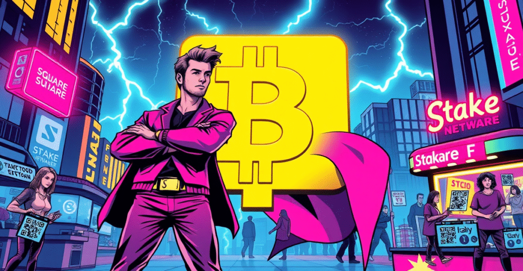 Jack Dorsey站在巨大的比特币标志前，背景是Square支付系统和闪电网络，象征比特币支付的未来。