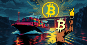 一艘货船在比特币标志的照耀下快速通过巴拿马运河，象征着比特币支付带来的优先通行权。