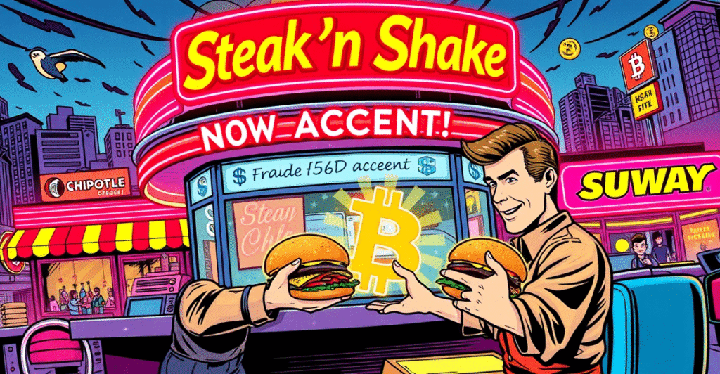 Steak ‘n Shake餐厅接受比特币支付的复古漫画风格插图