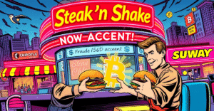 Steak ‘n Shake餐厅接受比特币支付的复古漫画风格插图