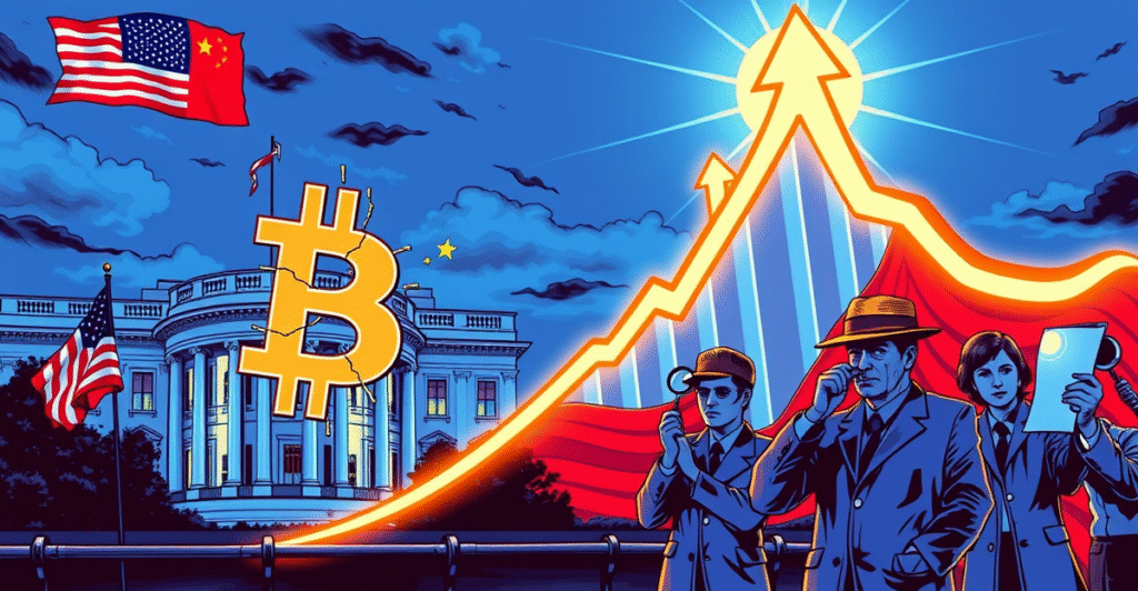复古漫画风格插图展示比特币符号落后于飙升的股市图，背景为白宫和中美国旗，象征中美贸易协议影响