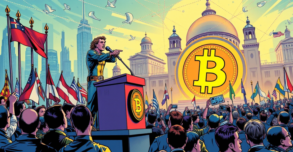 JD Vance在Bitcoin 2025会议上呼吁比特币社区深化政治参与，背景是比特币标志和全球政治象征。