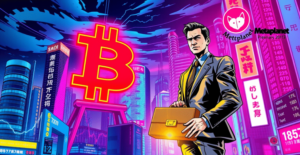 复古漫画风格封面展示比特币溢价现象，投资者站在发光的比特币标志前，背景是东京夜景和上涨的股市图表