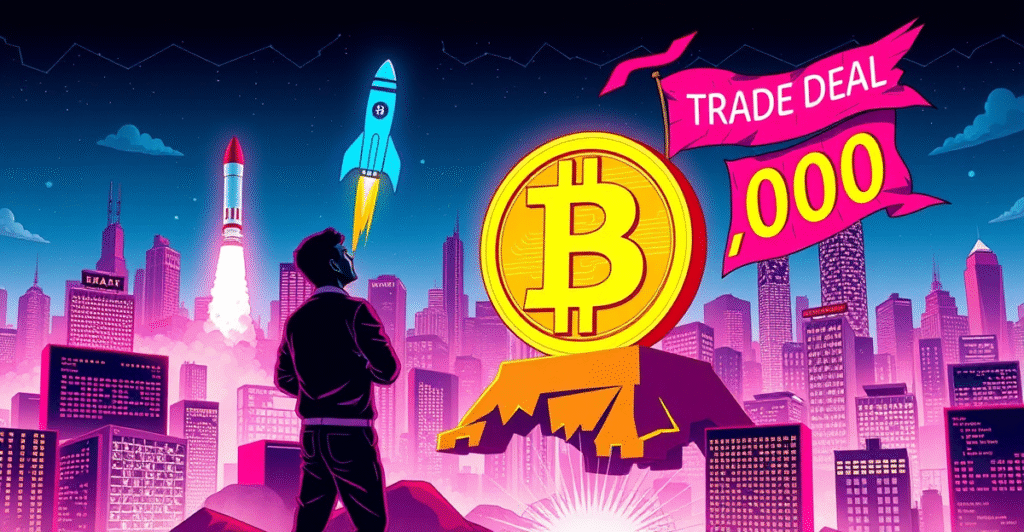 比特币符号突破100,000美元大关，背景是繁华的数字城市景观，象征着全球金融市场的反应。