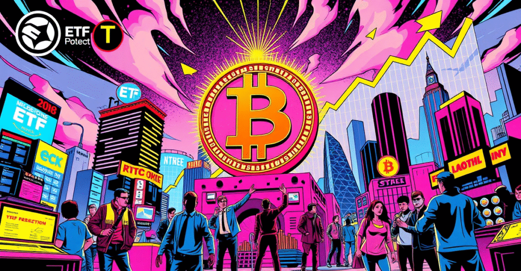 复古漫画风格插图展示比特币符号在上涨趋势中，周围是兴奋的交易者和投资者