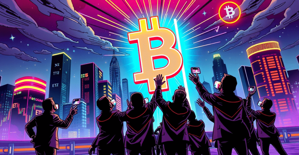 复古漫画风格封面展示比特币价格飙升，机构投资者在霓虹灯下的未来城市背景前对比特币表现出浓厚兴趣