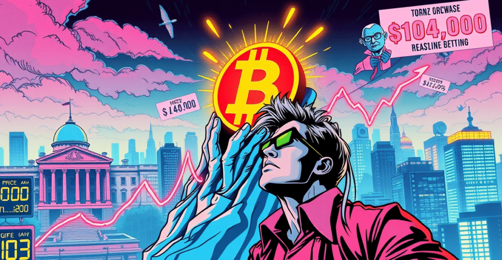 比特币价格趋势：交易员站在发光的比特币标志前，背景是上涨的市场图表和未来城市景观