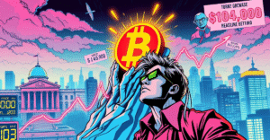 比特币价格趋势：交易员站在发光的比特币标志前，背景是上涨的市场图表和未来城市景观