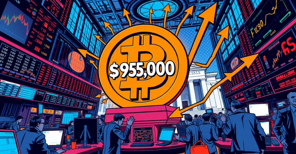 复古漫画风格封面展示比特币价格飙升至95,000美元，背景为纽约交易大厅和美联储大楼