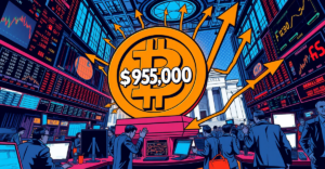 复古漫画风格封面展示比特币价格飙升至95,000美元，背景为纽约交易大厅和美联储大楼