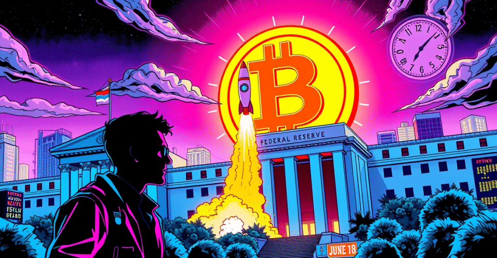 复古漫画风格封面展示比特币价格突破95,000美元，背景为未来城市和火箭发射