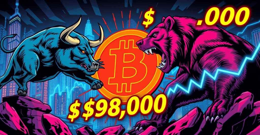 复古漫画风格插画展示多头与空头在比特币符号上的激烈对决，背景为霓虹未来城市