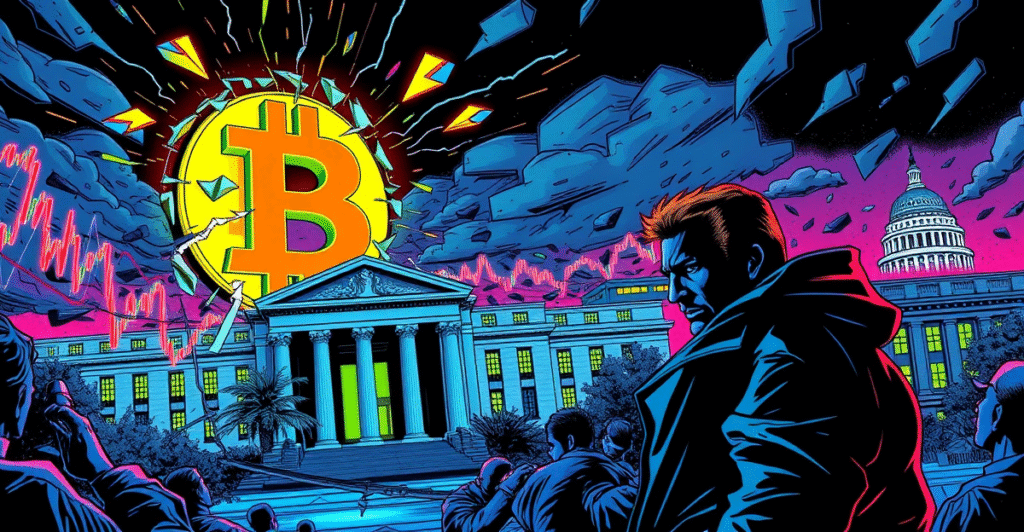 比特币价格下跌的紧张场景，交易员站在破裂的比特币符号前，背景是波动的市场图和美联储大楼