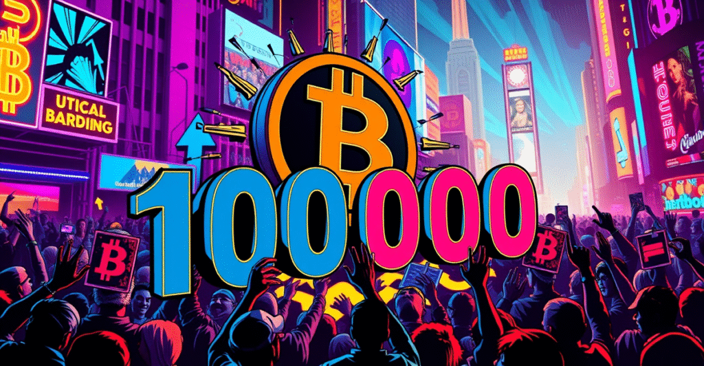 比特币冲破10万美元大关的复古漫画风格庆祝场景