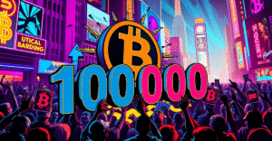 比特币冲破10万美元大关的复古漫画风格庆祝场景