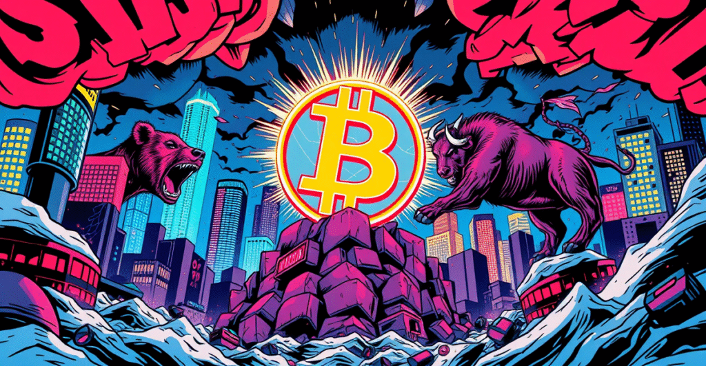 复古漫画风格插图展示比特币符号在熊市与牛市对决中的坚韧表现