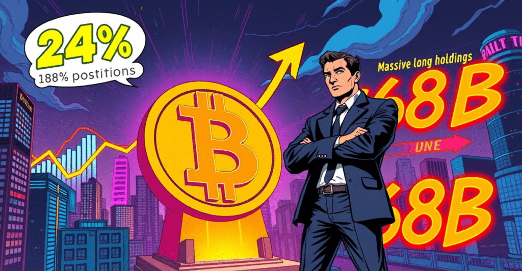 复古漫画风格封面展示比特币价格上涨24%，背景是霓虹城市和市场图表