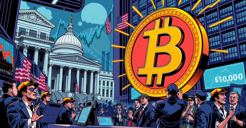 复古漫画风格封面展示比特币价格突破10万美元,背景是欢呼的交易员和上涨的市场趋势图