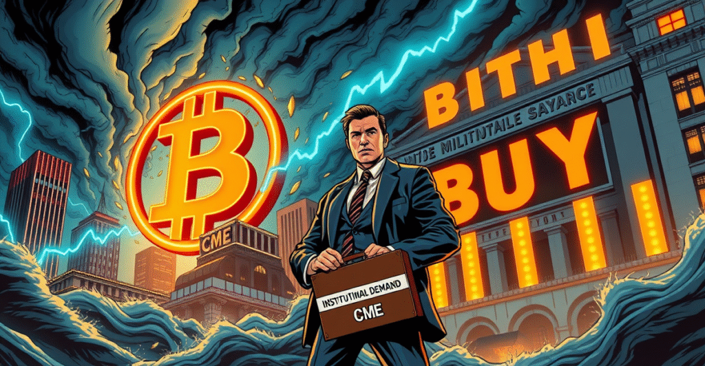 比特币价格在复古漫画风格封面中展现市场波动与机构投资者的强劲需求