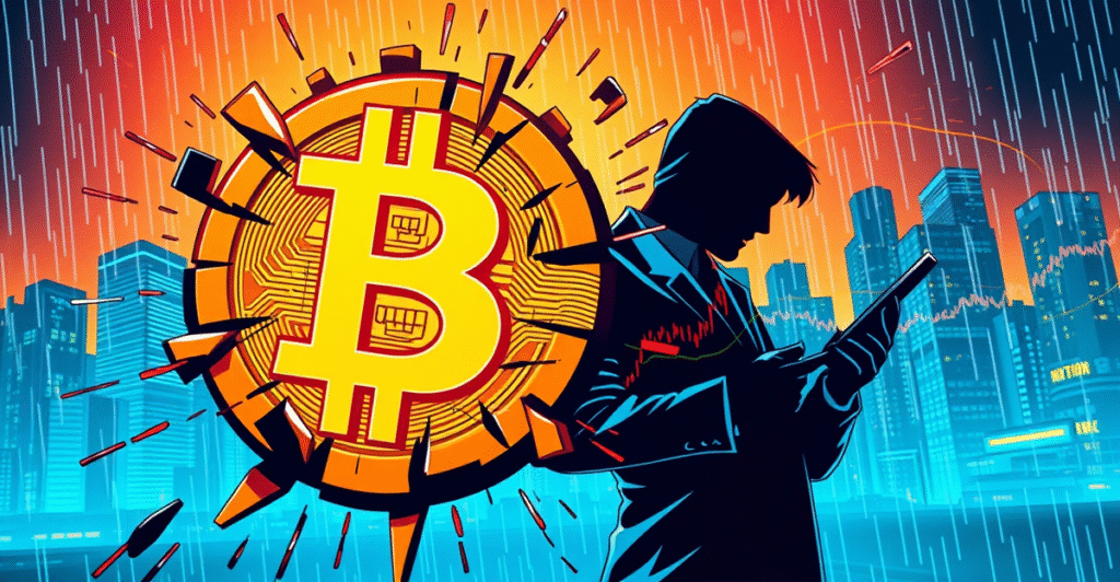 复古漫画风格插图展示比特币符号在市场波动中裂开,背景是交易员分析市场图表