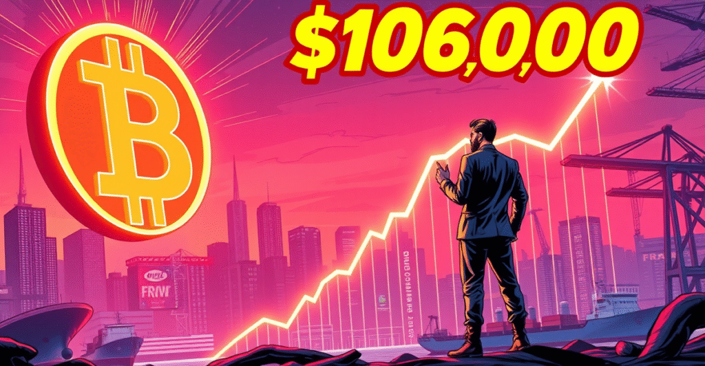 比特币价格分析:交易员站在发光的比特币符号前,背景是上涨趋势图和未来城市景观