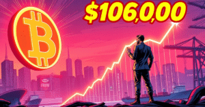 比特币价格分析：交易员站在发光的比特币符号前，背景是上涨趋势图和未来城市景观