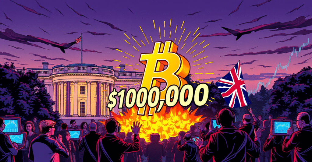 比特币突破10万美元大关的复古漫画风格封面，背景为白宫和英国国旗，象征特朗普的贸易协议公告。