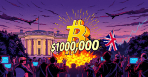 比特币突破10万美元大关的复古漫画风格封面，背景为白宫和英国国旗，象征特朗普的贸易协议公告。