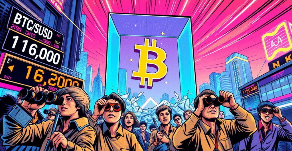 复古漫画风格插图展示比特币符号突破天花板，交易员们围观欢呼，背景是霓虹城市和股市行情。