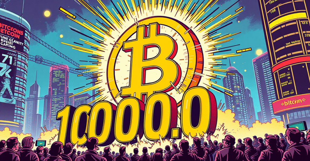 比特币符号突破100,000美元标志，背景是惊叹的交易员和未来城市天际线