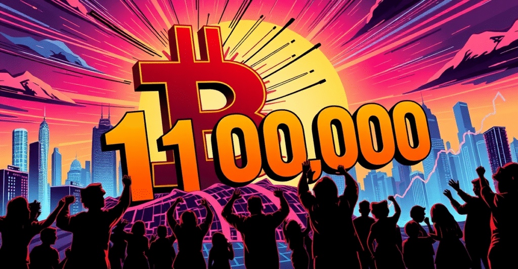 比特币符号突破10万美元大关的复古漫画风格插图,背景是上涨的市场趋势图和未来城市景观