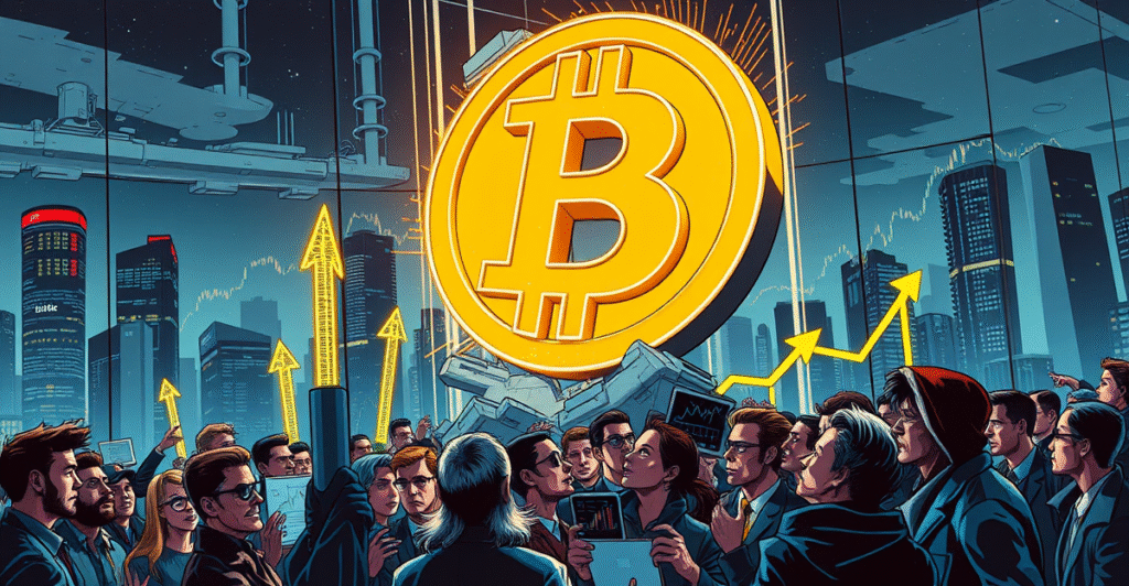 比特币符号突破玻璃天花板，象征价格发现突破历史高点，背景是未来城市和向上趋势图