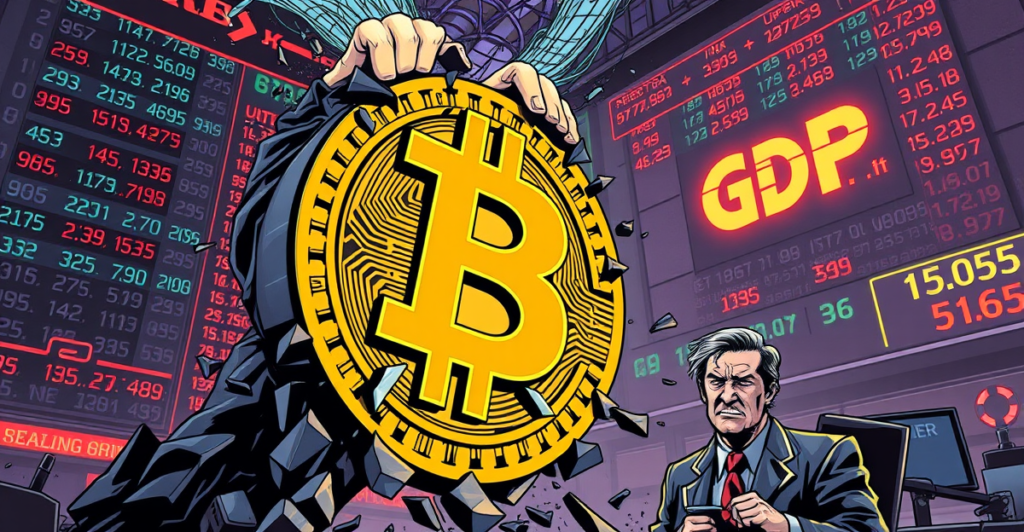 比特币价格下跌的复古漫画封面，展示比特币符号在压力下破裂，背景是下跌的股市行情。