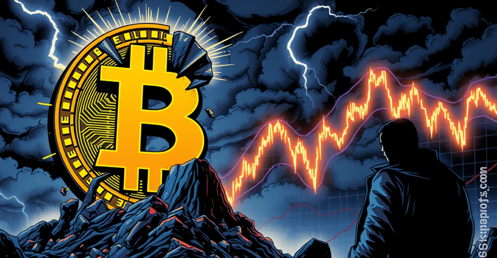 比特币符号在压力下裂开，交易员担忧地站在前景，背景是下跌的市场趋势图