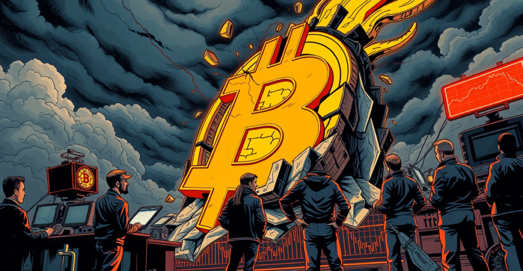 复古漫画风格插图展示比特币符号在压力下破裂，象征市场价格下跌