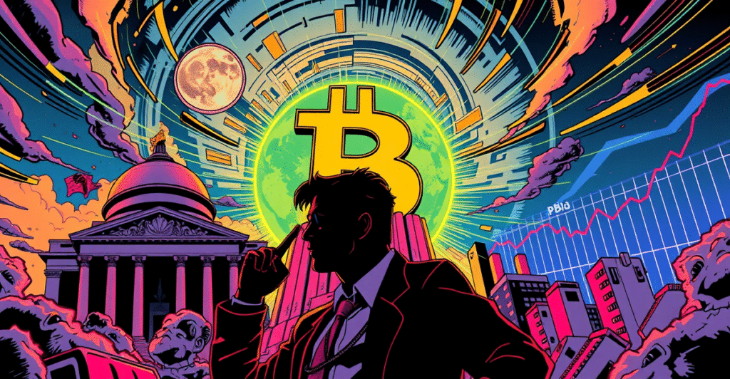 复古漫画风格插图展示比特币符号在全球流动性图表中崛起，Raoul Pal指向比特币，背景是美联储和中国人民银行。