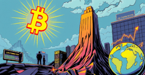 比特币价格创历史新高，市场反应异常平静的复古漫画风格插图