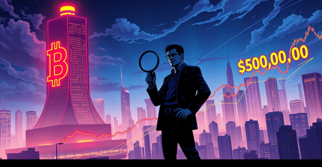 复古漫画风格插图展示比特币符号在霓虹灯下闪耀，背景是未来城市天际线和上涨的股市图表，象征比特币价格预测突破10万美元大关。