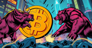 复古漫画风格插图展示比特币在105,000美元阻力位下的激烈多空对决