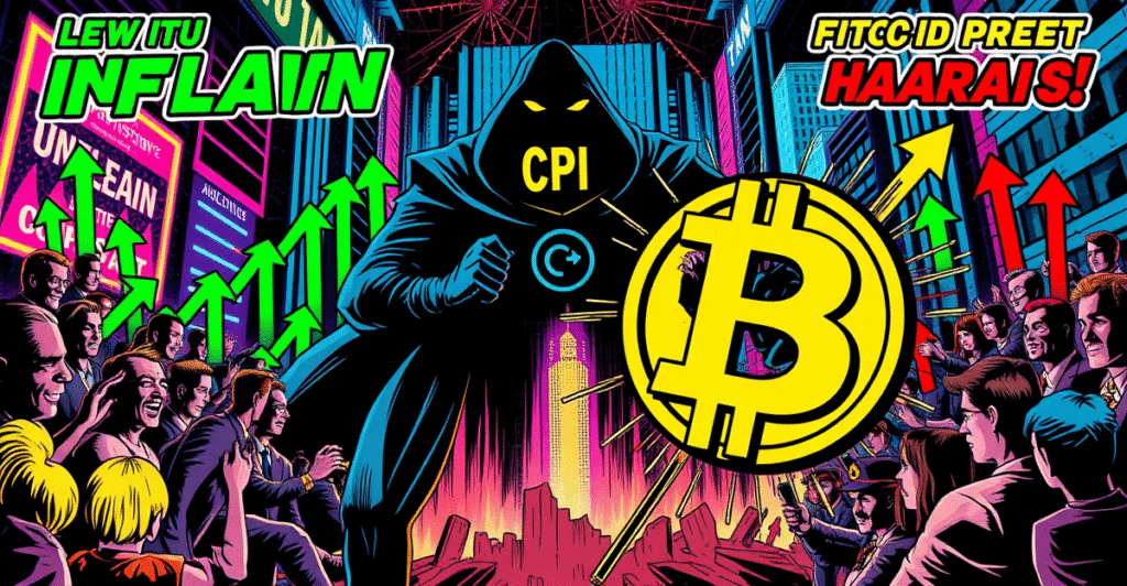 复古漫画风格插图展示比特币价格预测，交易员站在巨大的比特币符号旁分析图表，背景是未来城市和上涨箭头。